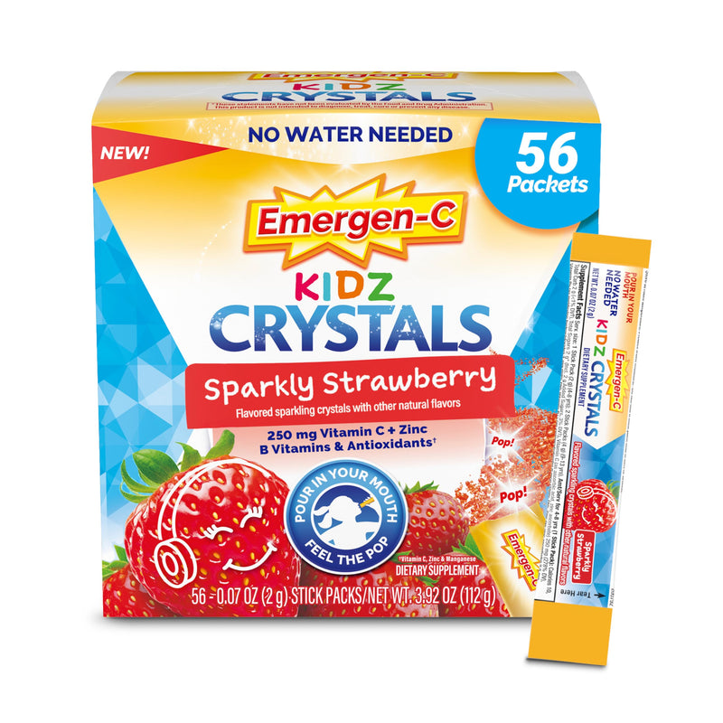 Emergen-C Kidz Crystals, On-the-Go Emergen-C Immune Support Supplement with Vitamin C, B Vitamins, Zinc and Manganese, Sparkly Strawberry - 56 Stick Packs - BeesActive Australia