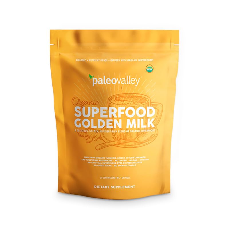 Paleovalley Organic Superfood Golden Milk - Immune, Focus, Cognitive, Longevity - Turmeric, MCT-Rich Coconut Milk, Functional Mushrooms, 28 Servings