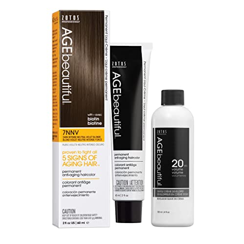AGE beautiful Permanent Hair Color Cream, 100% Gray Coverage Hair Dye with Biotin Anti-Aging Formula for Fuller, Thicker Hair, Professional Salon Quality Hair Color Dye & Developer 7NNV Dark Intense Neutral Violet Blonde