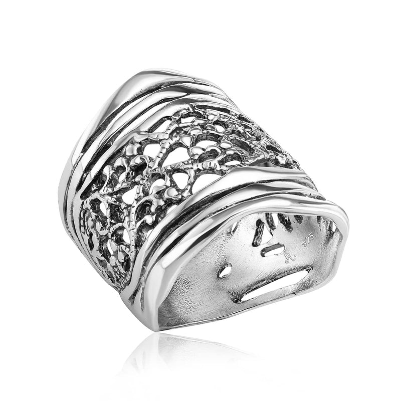 925 Sterling Silver Shield Ring Lace Look, Multi Textured, Oxidized, Vintage Look Stylish Hypoallergenic, Nickel and Lead-free, Artisan Handcrafted Designer Collection Made in Israel (Size 5-11) 9 - BeesActive Australia
