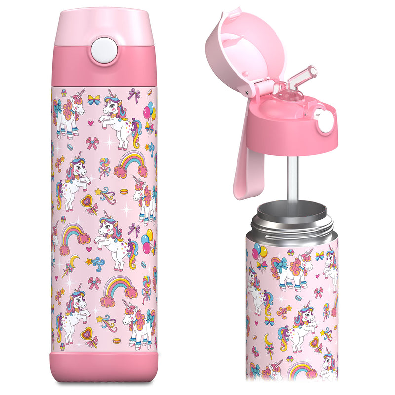 kids water bottle with straw - CHARLI - insulated stainless steel water bottle - thermos - girls/boys (Unicorn 'Mosaic', 18 oz) Unicorn 'Mosaic' - BeesActive Australia