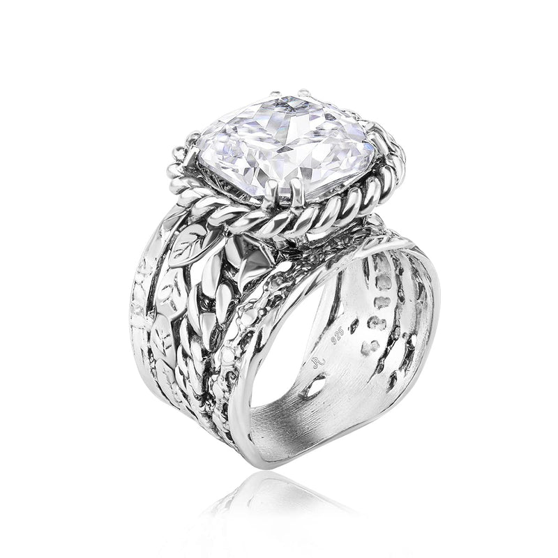925 Sterling Silver Ring With Cushion Cubic Zirconia CZ, Multi Textured, Vintage Look Stylish Hypoallergenic, Nickel and Lead-free, Artisan Handcrafted Designer Collection Made in Israel (Size 5-11) - BeesActive Australia