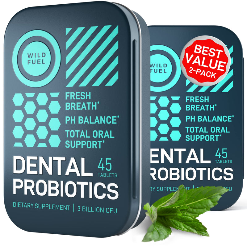 WILD FUEL Oral Probiotics for Teeth, Bad Breath, Gum Health - 3bn CFU K12 Lactobacillus Paracasei, Salivarius Dental Probiotic - Oral Probiotic Mints - 90 Fresh Breath Mint Dental Probiotics Tablets 2-Pack Tins