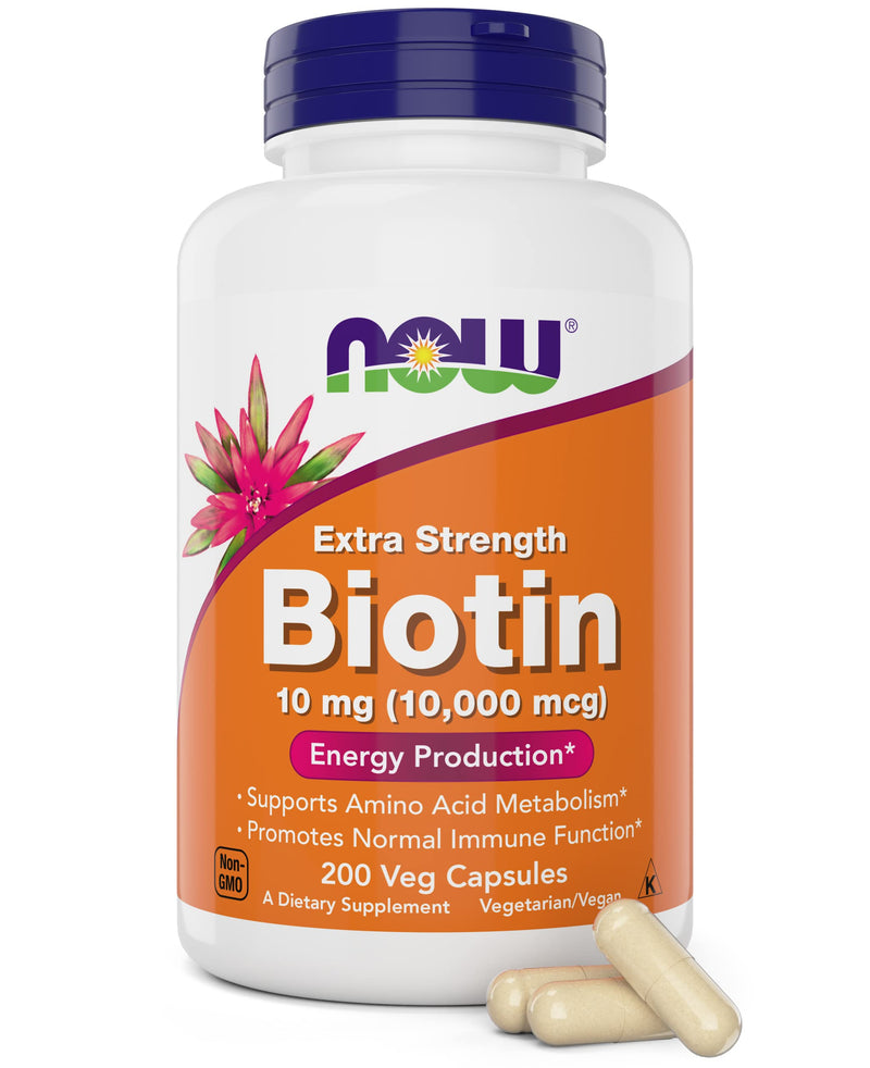 NOW Foods Extra Strength Biotin 10,000mcg / 10 mg - 200 Count - Hair, Skin, Nail - Supplement for Men and Women - B7 Vitamin - Vegetarian, Vegan, Non-GMO 200 Count (Pack of 1)