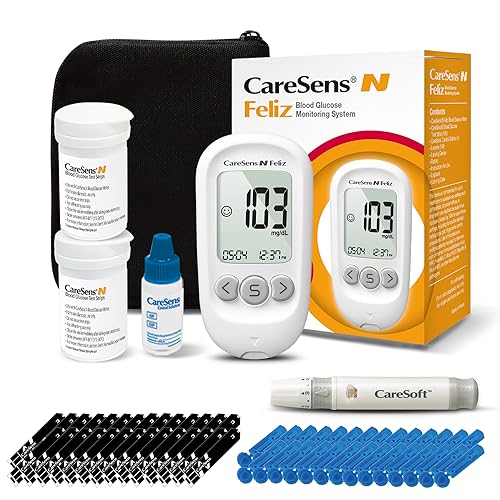 CareSens N Feliz Blood Glucose Monitoring Kit with 100 Blood Sugar Test Strips, 100 Lancets, 1 Blood Glucose Meter, 1 Lancing Device, 1 Control Solution, Travel Case for Diabetes Testing Kit for Personal Use