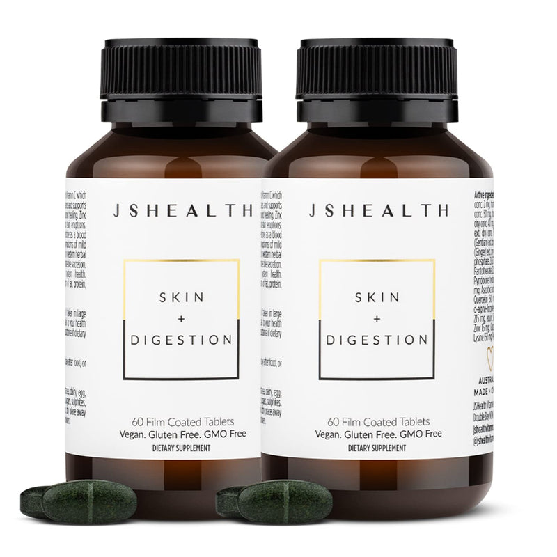 JSHealth Vitamins Skin and Digestion Formula Skin Vitamins, 120 Tablets | Clear Skin Supplement with Zinc for Acne, Acne Supplements for Clear Healthy Skin, Acne Treatment for Teens and Adults 60 Count (Pack of 2)