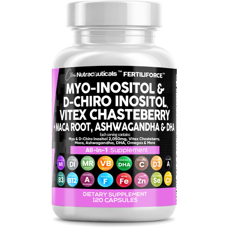 Clean Nutraceuticals Myo-Inositol & D-Chiro Inositol 2050mg Fertility Supplement 40:1 Ratio - Prenatal Vitamins for Women with Ashwagandha Maca Root Vitex Chasteberry Iron DHA Folic Acid DIM Zinc (1) - BeesActive Australia