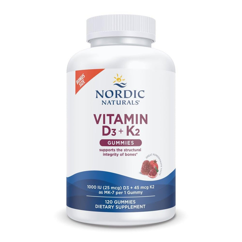 Nordic Naturals Vitamin D3+K2 Gummies, Pomegranate - 120 Count | 1000 IU Vitamin D3 + 45 mcg K2 per gummy supports bone health and muscle function. Non-GMO. Pomegranate flavor. 120 servings 120 Count (Pack of 1)