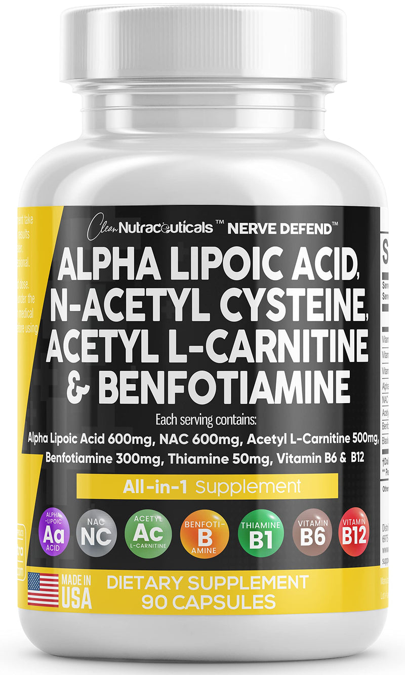 Alpha Lipoic Acid 600mg N-Acetyl Cysteine 600mg Acetyl L-Carnitine 500mg Benfotiamine 300mg - Nerve Support Supplement for Women and Men with Vitamin B1 B6 & B12 - Made in USA 90 Caps 90 Count (Pack of 1)