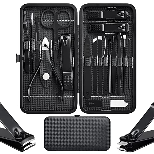Cater Manicure Nail Clippers Pedicure Set - Stainless Steel Manicure, Professional Grooming Kit, Nail Care Tools with Luxurious Travel Case (18pcs-Black) 18pcs-black