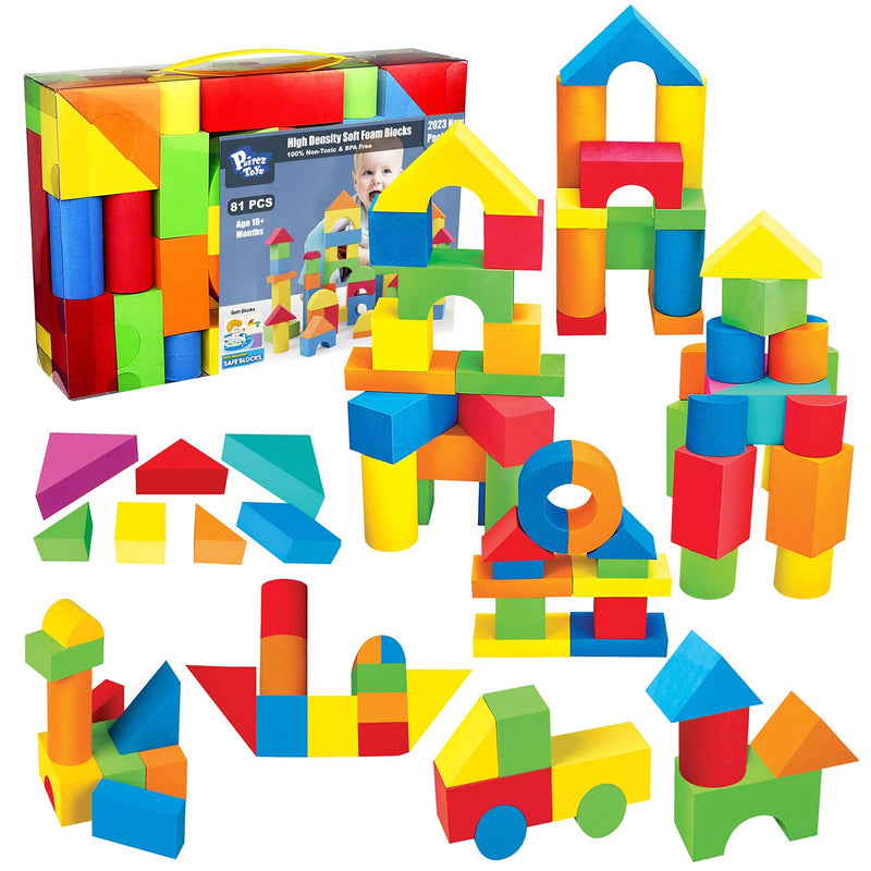 Pairez Toys Foam Building Blocks for Toddlers 1-3, 81 Pieces Soft Stacking Blocks Toy Set, Baby Bath Foam Toys, Sensory and Montosorri Toys for Boys & Girls 18+ Months B-81pcs - BeesActive Australia