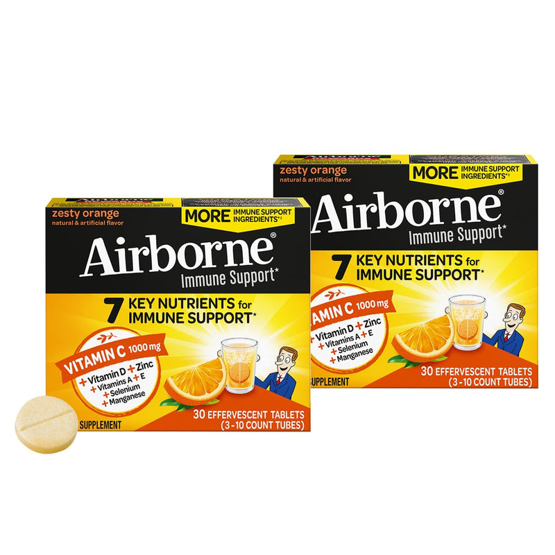 Airborne 1000mg Vitamin C + Zinc Sugar Free Multivitamin Immune Support Effervescent Fizzy Drink Tablets, Zesty Orange Flavor with Powerful Antioxidants Vitamins A C & E, 30 Tablets (2 Pack) 30 Count (Pack of 2)