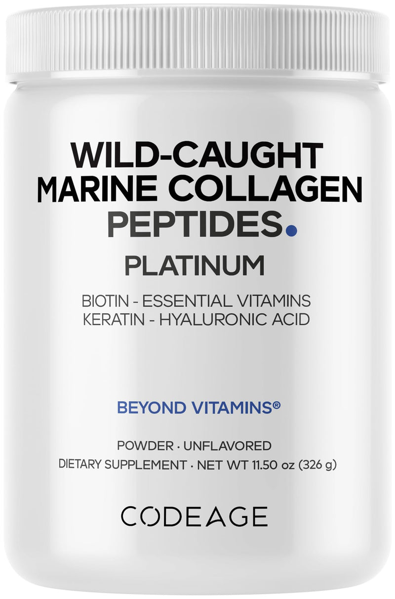 Codeage Marine Collagen Powder, Biotin 10000mcg, Hyaluronic Acid, 11 oz | Marine collagen supplement powder with biotin 10,000 mcg, keratin, vitamins C, D3, B6 and hyaluronic acid. Non-GMO.