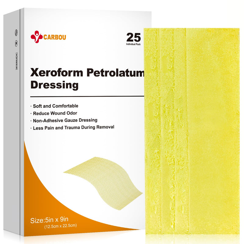 Carbou Medical Xeroform Petrolatum Dressing 5"x9", 25 Individual Pack, Non-Adherent Gauze Pads, Soft Fine Mesh Gauze Patch for Wound Care, Burns, Lacerations, Skin Grafts & Surgical Incisions 5"x9" (Pack of 25) - BeesActive Australia