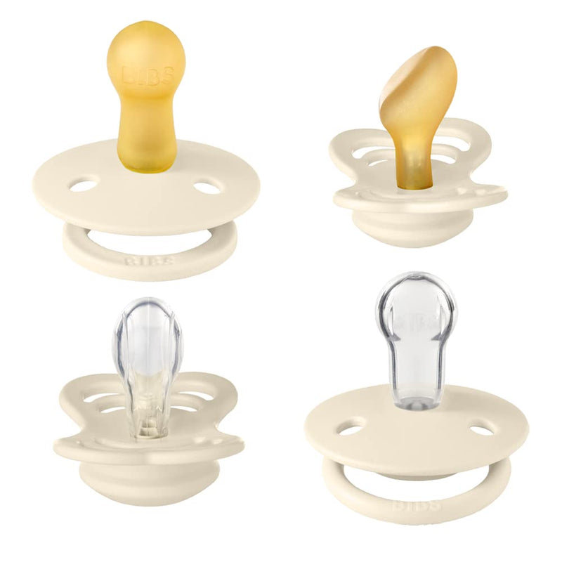 BIBS Pacifiers 6-18 Months | 4-Pack Soothers | BPA-Free Symmetrical Nipple | Made in Denmark | Ivory Try-It Collection - BeesActive Australia