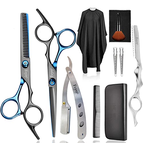 Hair Cutting Scissors Hair Shears Set, Fcysy Professional Barber Shears Thinning Scissors Kit for Haircutting, Hairdressing Shears Salon Accessories for Women Men Blue&black 11