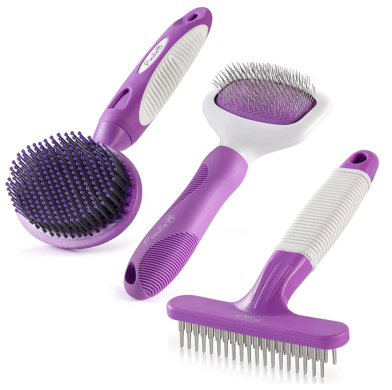 Poodle Pet Slicker Brush + Dog Grooming Rake + Round Bristle Brush Bundle - BeesActive Australia