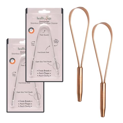 HealthAndYoga™ SteloSwipe Tongue Cleaner Scraper - Sterilizable Surgical Steel Tongue Brush (Set of 2) Plus qLoop Copper Tongue Cleaner (Set of 2)