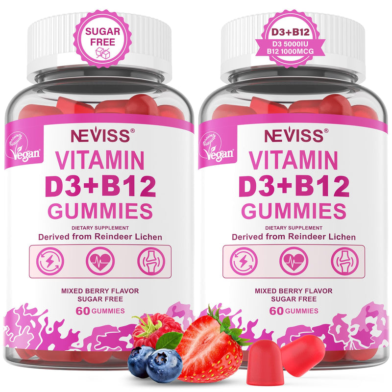 NEVISS Vegan Vitamin D3 5000IU + Vitamin B12 Gummies for Women Men, 120Ct | High Potency D3 5000IU & 1000 mcg Methylated B12, Vitamin D3 and B12 Supplement for Adults, Bone, Immune & Energy, Sugar Free 60 Ounce (Pack of 2)