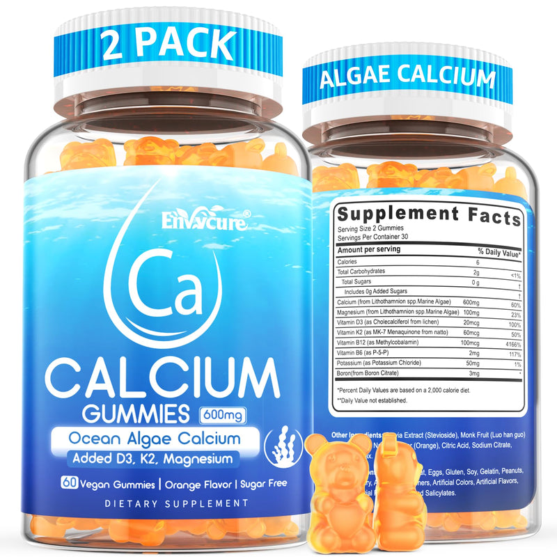 Calcium Gummies - Algae Calcium 600mg with Vitamin D3 K2 Magnesium | Bone, Muscle Strength & Immune Support - Sustainably Sourced Algae Calcium for Women & Men, 70+ Mineral, Vegan, 2PACK 60 Count (Pack of 2)