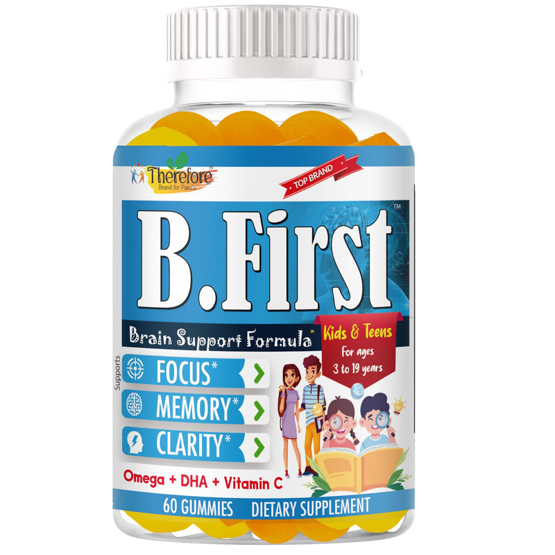 B.First Brain Focus Gummies for Kids & Teens, Omega 3 for Kids DHA Supplement, Chewable Brain Vitamins for Memory & Concentration, Focus Gummies for Children, Plant Based, Non-GMO, 60 Count