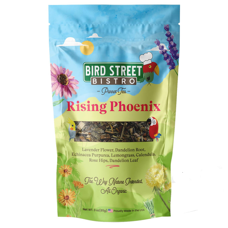 Bird Street Bistro Parrot Tea 3oz - Parakeet & Cockatiel Food Vitamin Substitute - Bird Health Supplies - Bird Food Topper Rising Phoenix 3 Ounce (Pack of 1)