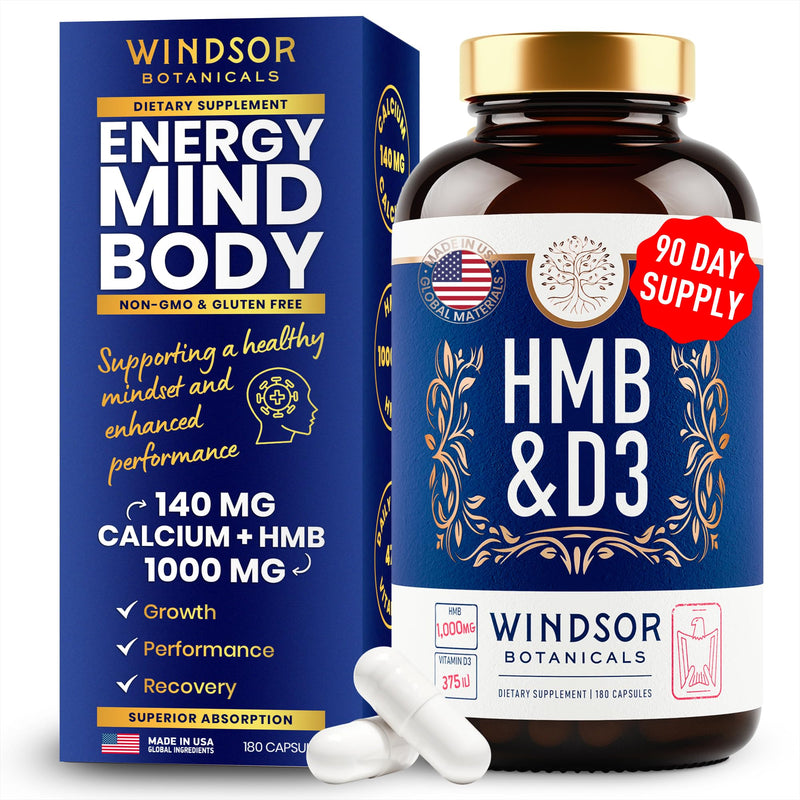 HMB and Vitamin D3 Supplement - B-Hydroxy B-Methylbutyrate 1,000 MG HMB Supplements for Men and Women Plus Calcium, Vitamin D 3 - Muscle Growth, Strength, Performance, Recovery - 90 Days, 180 Caps. 3 Months - 180 Capsules