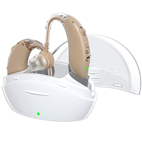 Hearing Aids for Seniors with Noise Reduction & Volume Control - Digital Rechargeable Portable Hearing Amplifiers for Adults with Mild to Moderate Hearing Loss, Includes Cyclic Charging Case Flesh