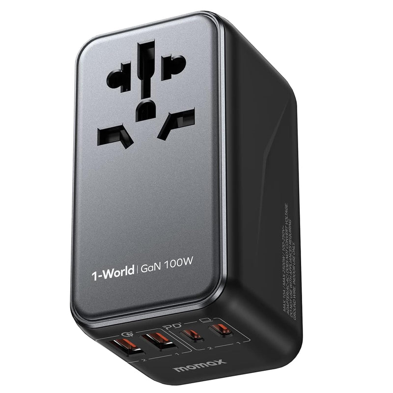 MOMAX Universal Travel Adapter, 100W Fast GaN International Power Adapter, 2PD USB-C+2QC USB-A Travel Adapter, US, UK, EU, AU Travel Adapter Worldwide for Laptops, Tablets, Phones, Vision Pro - BeesActive Australia