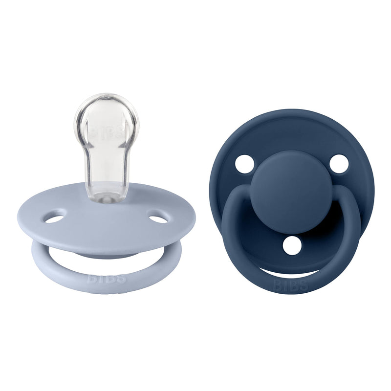 BIBS Pacifiers OneSize | 2-Pack Soothers | BPA-Free Symmetrical Nipple | Made in Denmark | Dusty Blue/Steel Blue De Lux Pacifier - BeesActive Australia