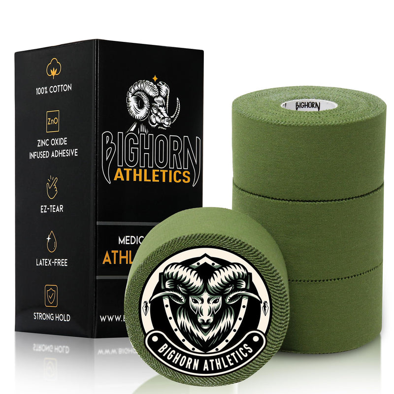 Bighorn Athletics OD Green Sports Tape | EZ-Tear Athletic Tape for Wrist, Ankle & Foot Support | Zinc Oxide Infused Adhesive, Breathable Cotton Fabric, 1.5-Inch x 45-Feet, 4 Rolls, Military Green - BeesActive Australia