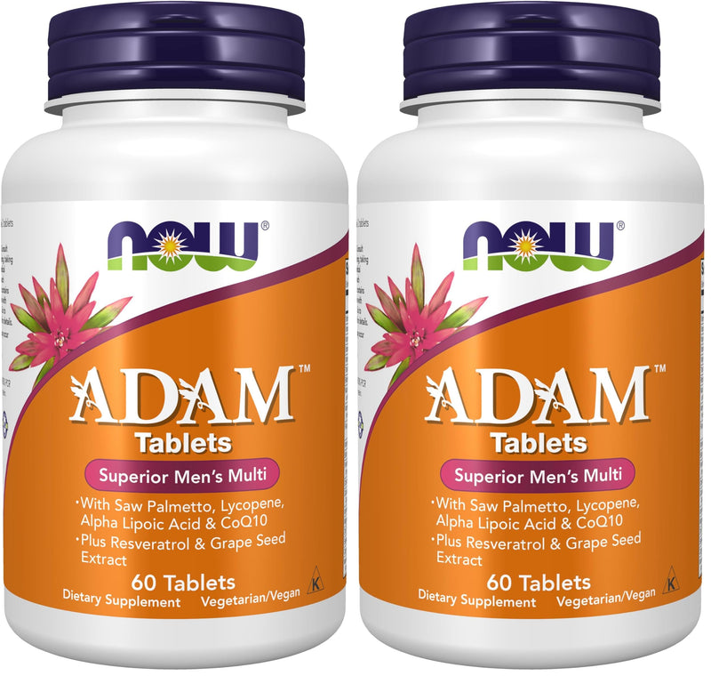 NOW Supplements, ADAM™ Men's Multivitamin with Saw Palmetto, Lycopene, Alpha Lipoic Acid and CoQ10, Plus Natural Resveratrol & Grape Seed Extract, 60 Tablets (Pack of 2) 60 Count (Pack of 2)
