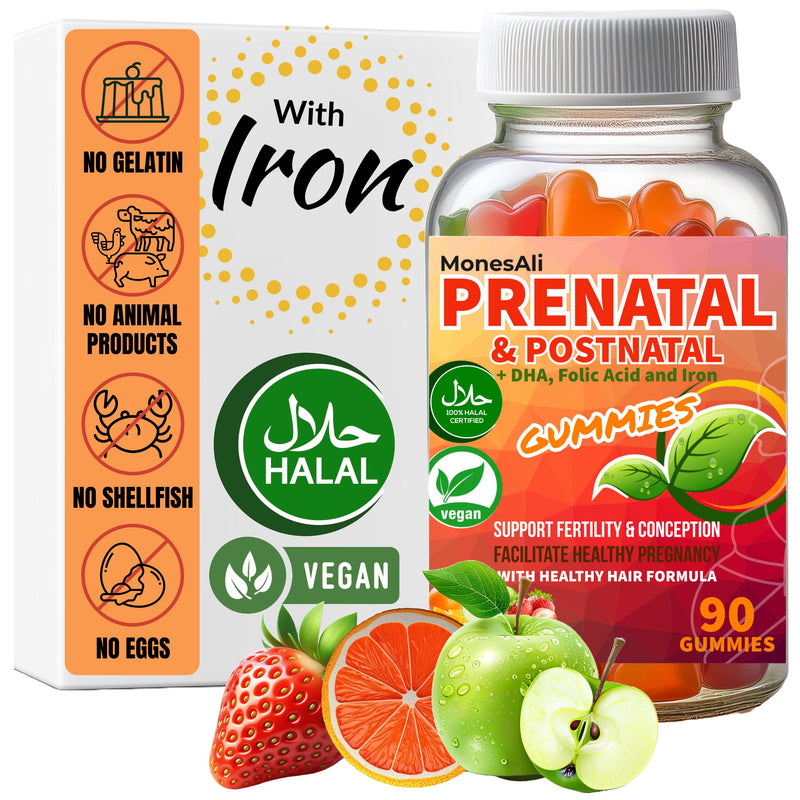 Prenatal Gummies for Women - Vegan Halal Prenatal & Postnatal Multivitamin with Folate, DHA, Iron & Biotin - Supports Healthy Pregnancy, Postpartum Energy & Hair Health 90 Count Orange & Strawberry 90 Count (Pack of 1)