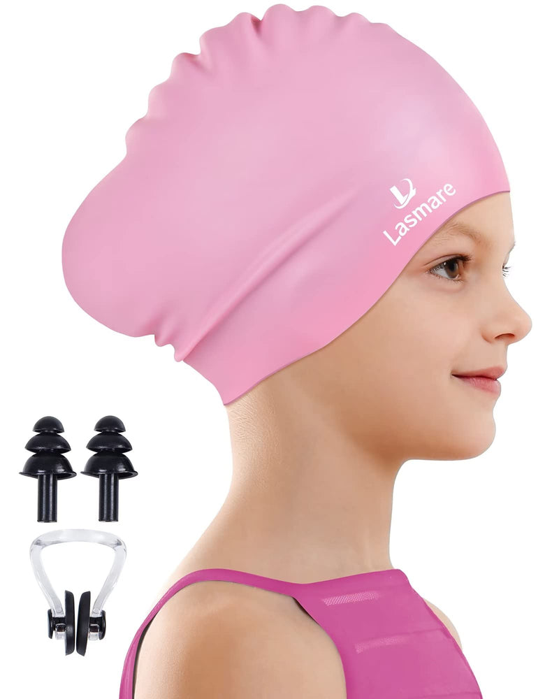 Kids Long Hair Swim Cap for Girls Boys, 3 Size Silicone Swimming Cap for Age 1-15 Toddler Children Teens, Waterproof Swim Hats Bathing Caps with Ear Plugs & Nose Clip to Keep Hair Dry Pink Age 3-8 - BeesActive Australia