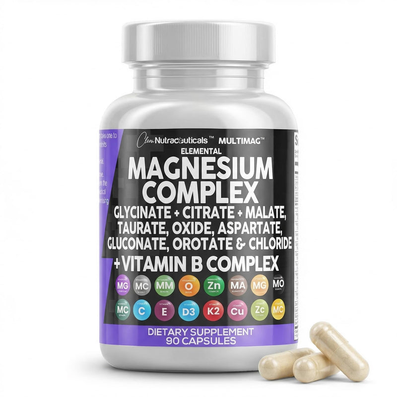 Clean Nutraceuticals Magnesium Complex with Magnesium Glycinate Citrate Malate Oxide Taurate Aspartate Orotate & Mag Chloride, Zinc Copper Manganese & Vitamin C B1 B2 B6 B12 Complex - 1Pack 90 Count (Pack of 1)