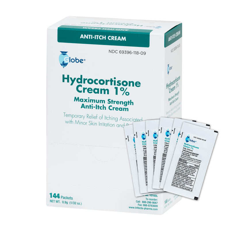 Globe (Box 144 Hydrocortisone 1% Maximum Strength Cream, (0.9g Single Packet) Anti-Itch Cream for Redness, Swelling, Itching, Rash, Bug/Mosquito Bites, Eczema, Hemorrhoids & More 144 Count