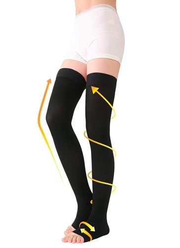 TOFLY 30-40mmHg Graduated Compression Stockings Thigh High Open Toe Pair 30-40mmhg Open-toe Black Medium