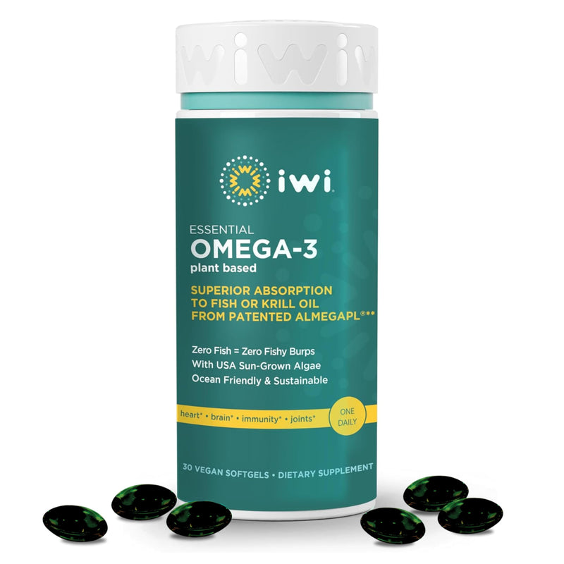 Iwi Omega-3 Essential, 30 Softgels (30 Servings), Plant-Based Algae Omega 3 with EPA + DHA, Brain, Heart & Immune Support Dietary Supplement, Krill & Fish Oil Alternative, No Fishy Aftertaste 30 Servings