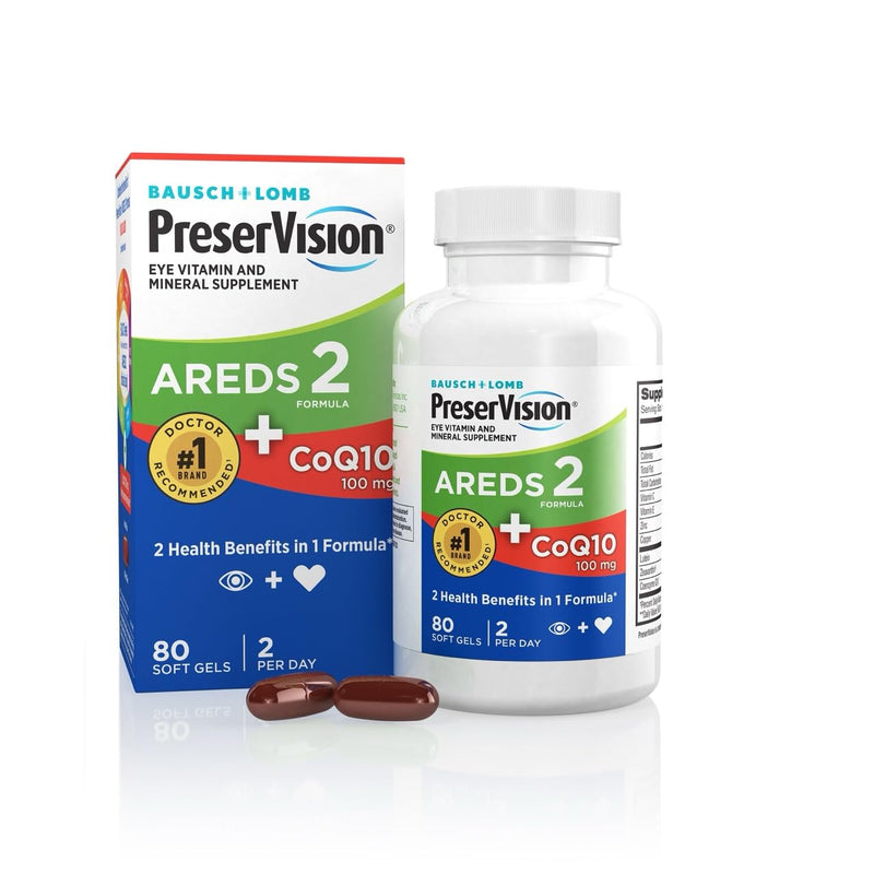 PreserVision AREDS 2 Eye Vitamins + CoQ10, Lutein & Zeaxanthin, 80 Softgels | #1 eye doctor recommended brand1, AREDS 2 formula, macular support* Vitamins, lutein, zeaxanthin, CoQ10, 80 softgels 80 Count (Pack of 1)