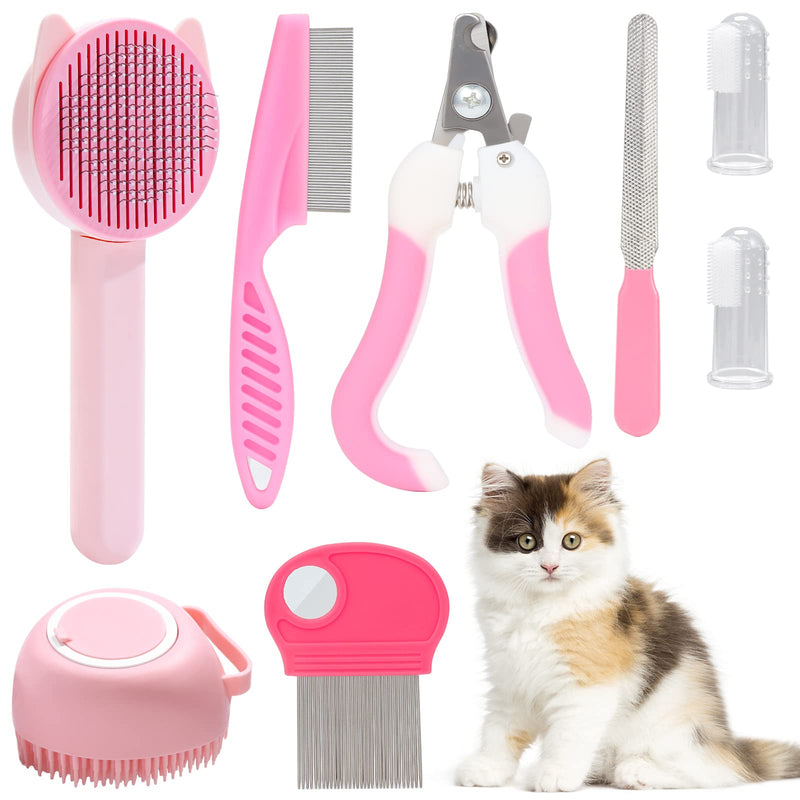 VCZONE 8 Pcs Cat Brush Grooming Kits, Pet Self Cleaning Kit with Pet Nail Clipper and File, Flea Comb, Pet Shampoo Bath Brush, Pet Shedding Brush, Silicone Toothbrush (Pink) Pink - BeesActive Australia