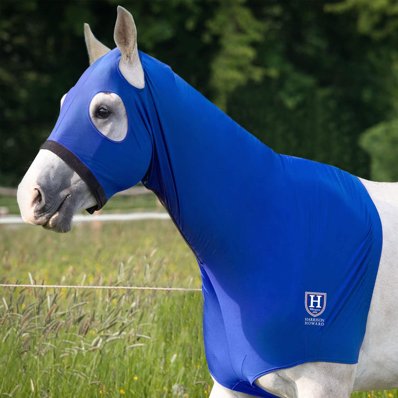 Harrison Howard Horse Stretch Hood without Ears Snug Fitting Hood with Zip Closure Covers Face, Shoulders, Mane, Chest and Withers Perfect for Show/Event Preparation - Blue Cob (Medium)