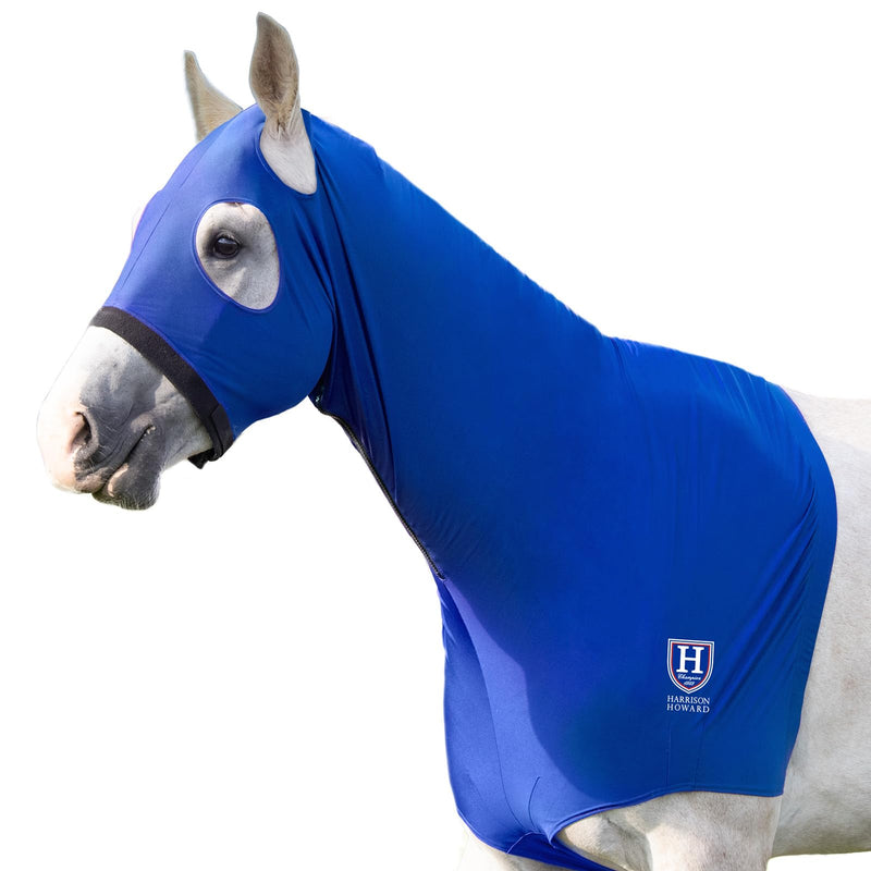 Harrison Howard Horse Stretch Hood Without Ears Snug Fitting Hood with Zip Closure Covers Face, Shoulders, Mane, Chest and Withers Perfect for Show/Event Preparation - Blue Full (Large) - BeesActive Australia