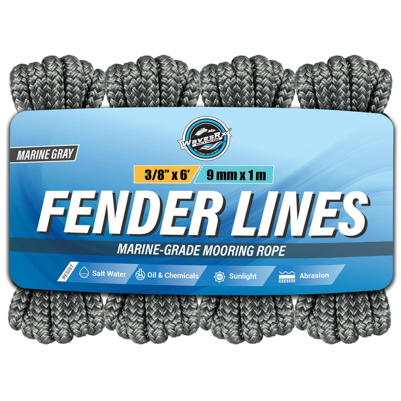 WavesRx Premium Fender Line - 4 Pack | Double Braided Nylon Boat Lines and Ropes for Docking Buoys & Fenders | Marine Dock Ropes for Boats, Pontoons (Marine Gray) Marine Gray