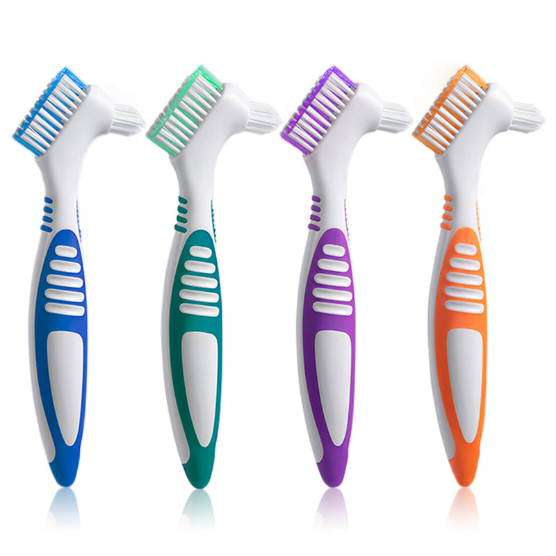 Denture Brush 4Pcs Denture Toothbrushes，Denture Cleaning Care Cleaning Brush ，Double Sided Toothbrush，Multi-Layered Bristles and Rubber Anti-Slip Handle (Purple, Green, Blue, Orange) 4 Color - BeesActive Australia
