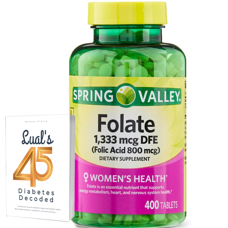 Folate 1,333 mcg. Spring Valley Folate Dietary Supplement, 1,333 mcg DFE | Folate Supplement for Women Pregnancy, Folic acid 800 Bundle with Luall's 45 Diabetes Decoded