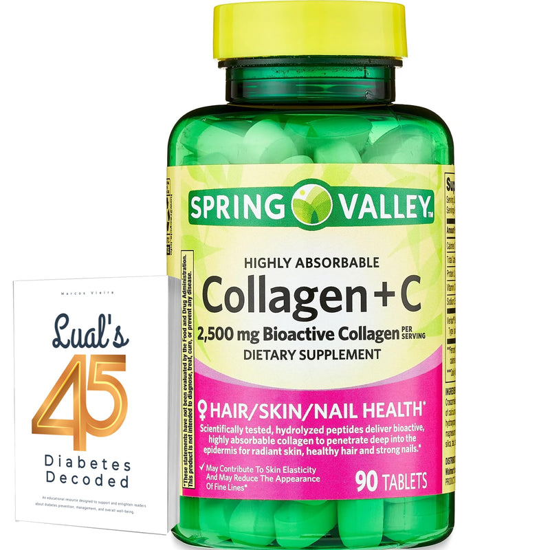 Spring Valley Collagen + C Tablets for Hair/Skin/Nail Health, 2,500 mg, 90 Count, Highly Absorbable, Collagen Plus Vitamin C Bundle with Luall's 45 Diabetes Decoded