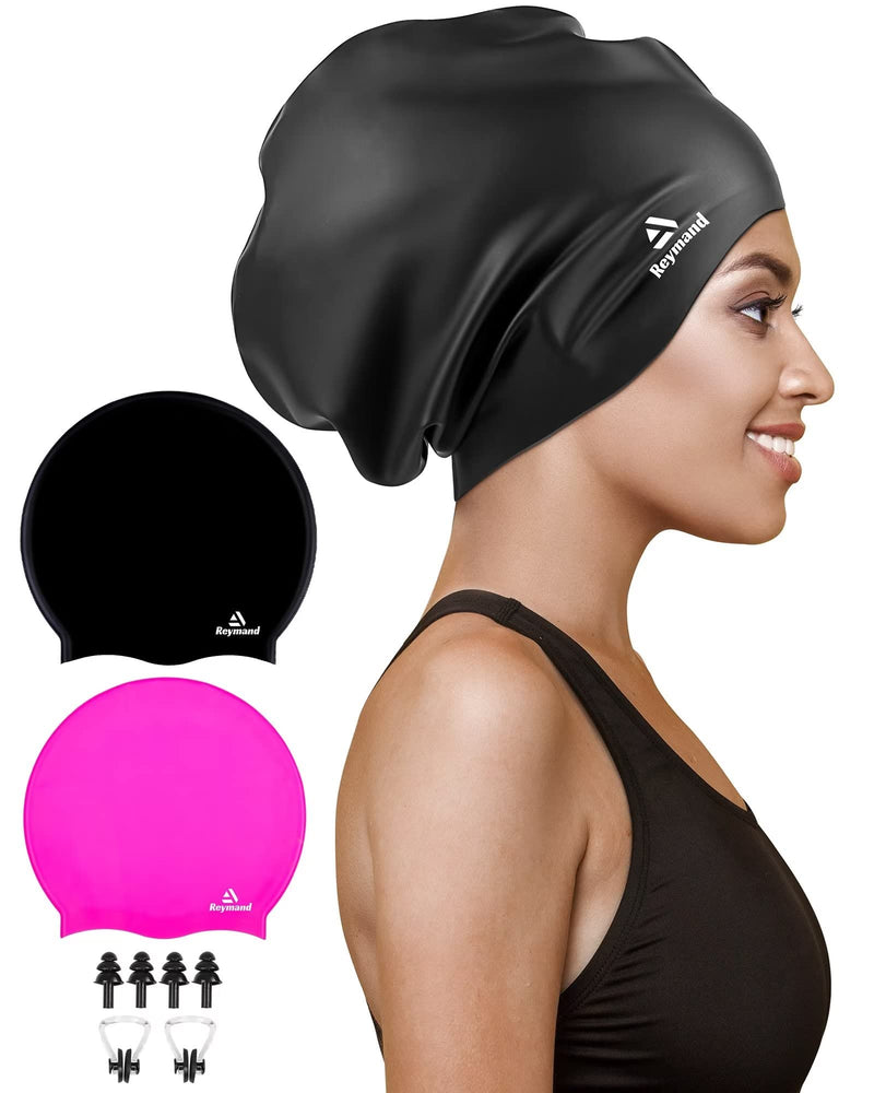 2 Pack Extra Large Swim Cap for Braids and Dreadlocks, Silicone Swimming Caps for Long Hair, Weaves, Extensions, Curls & Afros, Waterproof Adult Swim Hats Bathing Caps for Women Men Black+Rose Red - BeesActive Australia