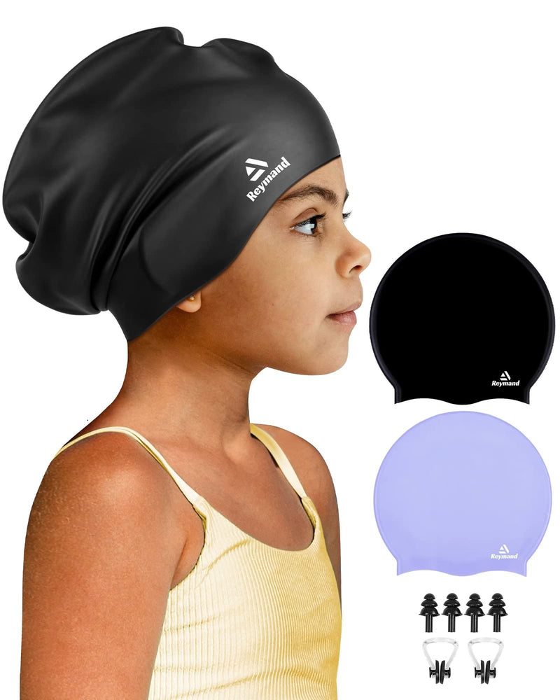 2 Pack Kids Extra Large Swim Cap for Long Thick Hair, Waterproof Silicone Swimming Cap for Toddler Child Youth Girls Boys, Durable Swim Hats Bathing Caps for Braids, Dreadlocks, Extensions, Afros Black+Purple - BeesActive Australia