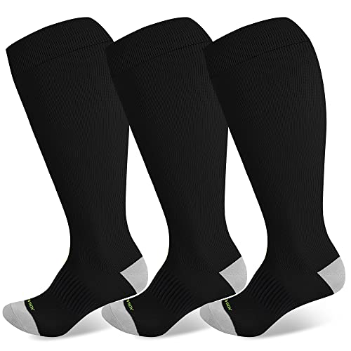 LEVSOX Plus Size Compression Socks Wide Calf Men&Women 20-30 mmhg Knee High Support Socks for Medical, Nurse, Diabetic 3 Pair-black X-Large