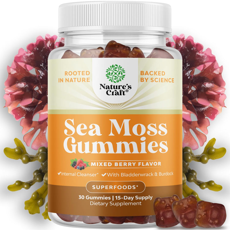 Sea Moss Gummies for Adults and Kids - Vegan Adult and Kids Immune Support Gummies with Burdock Bladderwrack Sea Moss Gel - Delicious Berry Flavor Supplement Men Women Children - 30 Count 30 Count (Pack of 1)